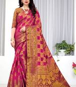 Pink woven banarasi silk saree with blouse