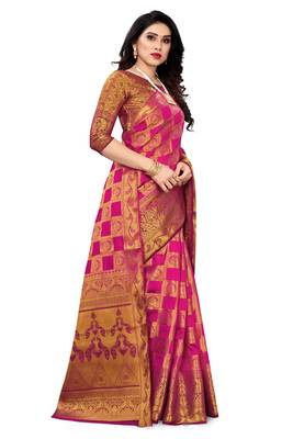 Pink woven banarasi silk saree with blouse 2