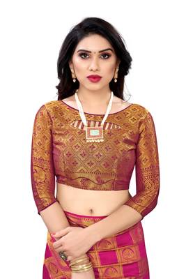 Pink woven banarasi silk saree with blouse 4