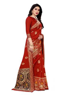 Red woven banarasi silk saree with blouse 3