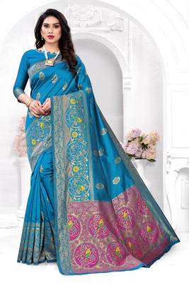 Blue woven banarasi silk saree with blouse 1