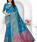 Blue woven banarasi silk saree with blouse