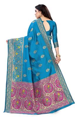 Blue woven banarasi silk saree with blouse 2