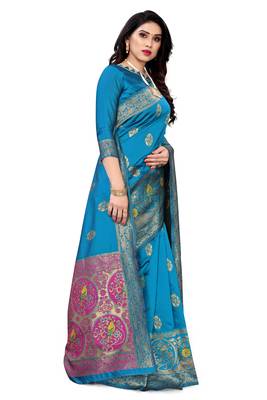 Blue woven banarasi silk saree with blouse 3