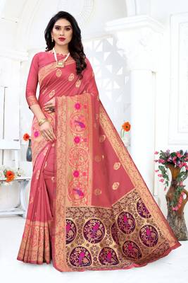 Pink woven Banarasi silk blend saree with blouse 1