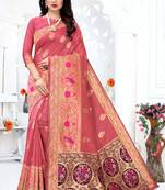 Pink woven Banarasi silk blend saree with blouse