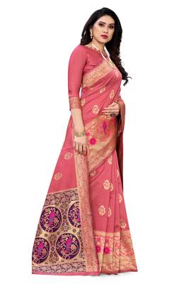 Pink woven Banarasi silk blend saree with blouse 3