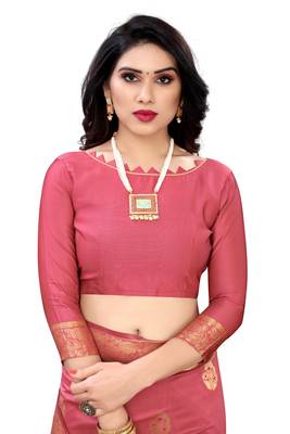 Pink woven Banarasi silk blend saree with blouse 4