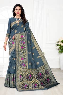 Grey woven banarasi silk saree with blouse 1