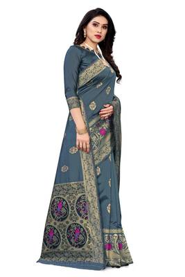 Grey woven banarasi silk saree with blouse 3