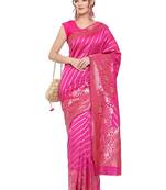 Pink woven banarasi silk saree with blouse