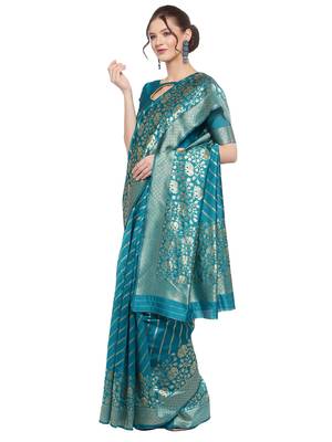 Light blue woven banarasi silk saree with blouse 2