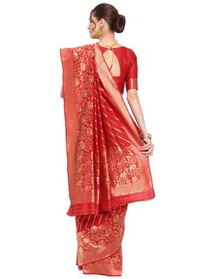Red woven banarasi silk saree with blouse 3