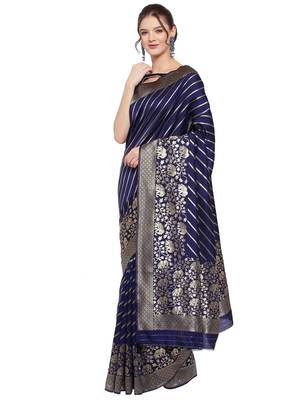 Navy blue woven banarasi silk saree with blouse 2