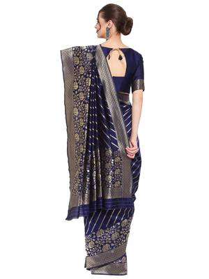 Navy blue woven banarasi silk saree with blouse 3