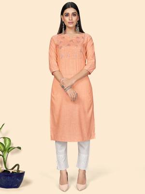 Vbuyz Women's Printed & Embroidered Straight Cotton Orange Stitched Kurta 1