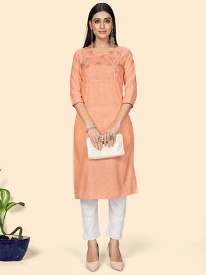 Vbuyz Women's Printed & Embroidered Straight Cotton Orange Stitched Kurta 3