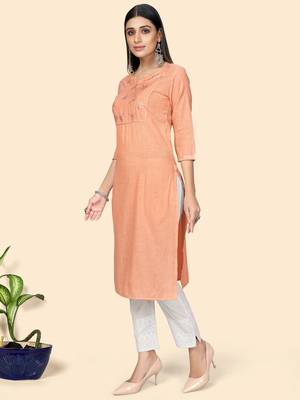 Vbuyz Women's Printed & Embroidered Straight Cotton Orange Stitched Kurta 5