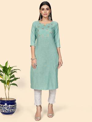 Vbuyz Women's Printed & Embroidered Straight Cotton Turquoise Stitched Kurta 1