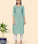 Vbuyz Women's Printed & Embroidered Straight Cotton Turquoise Stitched Kurta