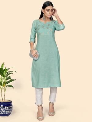 Vbuyz Women's Printed & Embroidered Straight Cotton Turquoise Stitched Kurta 3