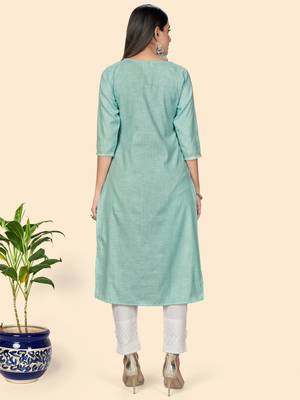 Vbuyz Women's Printed & Embroidered Straight Cotton Turquoise Stitched Kurta 4