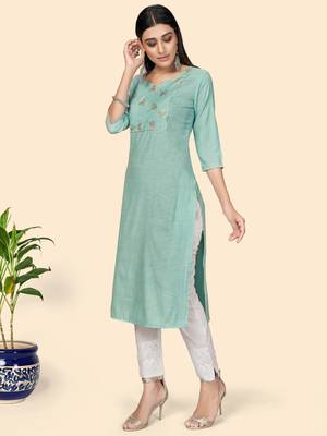 Vbuyz Women's Printed & Embroidered Straight Cotton Turquoise Stitched Kurta 5