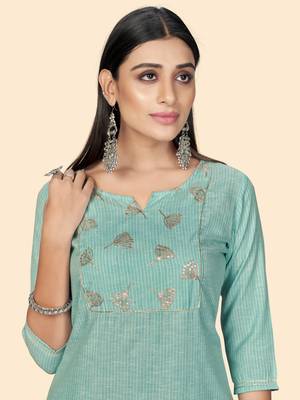 Vbuyz Women's Printed & Embroidered Straight Cotton Turquoise Stitched Kurta 6