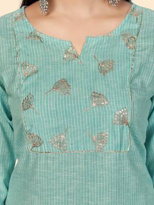 Vbuyz Women's Printed & Embroidered Straight Cotton Turquoise Stitched Kurta 7
