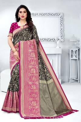 Black woven banarasi silk saree with blouse 1
