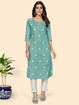 Vbuyz Women's Printed & Embroidered Straight Cotton Turquoise Stitched Kurta 1