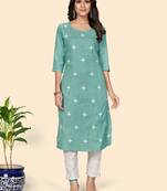 Vbuyz Women's Printed & Embroidered Straight Cotton Turquoise Stitched Kurta