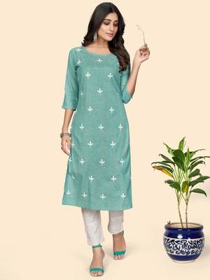 Vbuyz Women's Printed & Embroidered Straight Cotton Turquoise Stitched Kurta 3