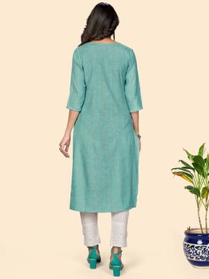 Vbuyz Women's Printed & Embroidered Straight Cotton Turquoise Stitched Kurta 4