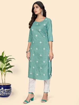 Vbuyz Women's Printed & Embroidered Straight Cotton Turquoise Stitched Kurta 5