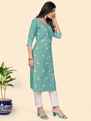Vbuyz Women's Printed & Embroidered Straight Cotton Turquoise Stitched Kurta 6