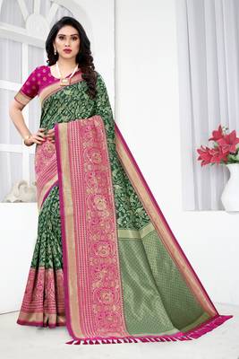 Green woven banarasi silk saree with blouse 1