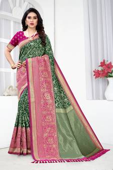 Green woven banarasi silk saree with blouse