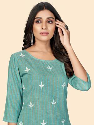 Vbuyz Women's Printed & Embroidered Straight Cotton Turquoise Stitched Kurta 7