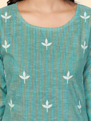 Vbuyz Women's Printed & Embroidered Straight Cotton Turquoise Stitched Kurta 8