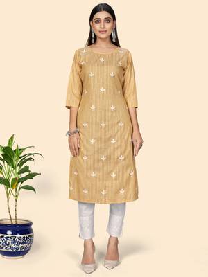 Vbuyz Women's Printed & Embroidered Straight Cotton Yellow Stitched Kurta 1