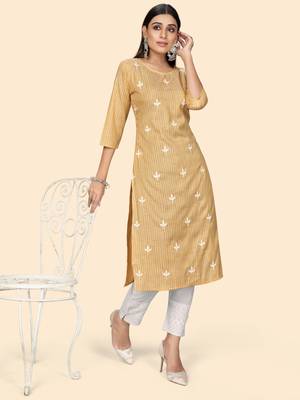 Vbuyz Women's Printed & Embroidered Straight Cotton Yellow Stitched Kurta 3