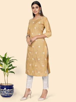 Vbuyz Women's Printed & Embroidered Straight Cotton Yellow Stitched Kurta 5