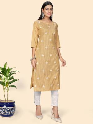 Vbuyz Women's Printed & Embroidered Straight Cotton Yellow Stitched Kurta 6