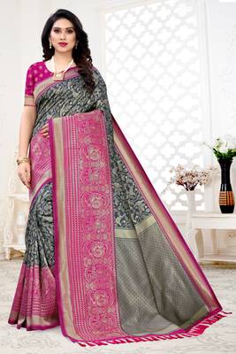 Grey woven banarasi silk saree with blouse 1