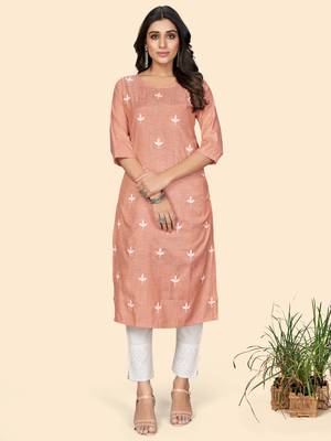 Vbuyz Women's Printed & Embroidered Straight Cotton Orange Stitched Kurta 1