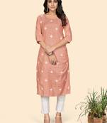 Vbuyz Women's Printed & Embroidered Straight Cotton Orange Stitched Kurta