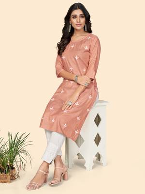 Vbuyz Women's Printed & Embroidered Straight Cotton Orange Stitched Kurta 3