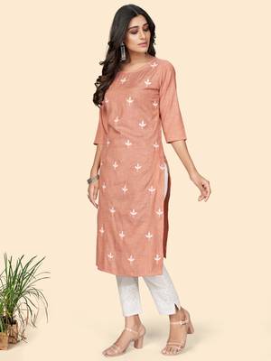 Vbuyz Women's Printed & Embroidered Straight Cotton Orange Stitched Kurta 5