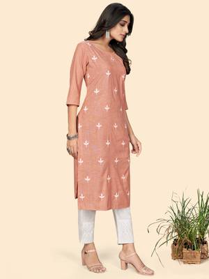Vbuyz Women's Printed & Embroidered Straight Cotton Orange Stitched Kurta 6